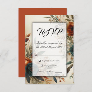 Burnt Orange and Blue Fall Flowers Wedding RSVP Card