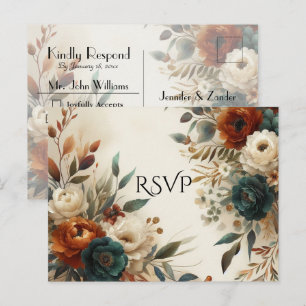 Burnt Orange and Blue Fall Flowers Wedding RSVP Invitation Postcard