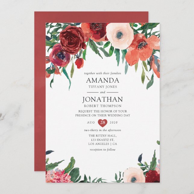 Burnt Orange and Blush Floral Wedding Invitation (Front/Back)
