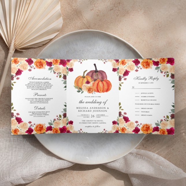 Burnt Orange and Burgundy Floral Pumpkin Wedding Tri-Fold Invitation (Creator Uploaded)