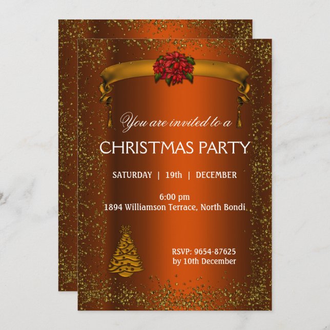 Burnt Orange and Gold Glitter Christmas Invitation (Front/Back)