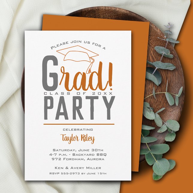 Burnt Orange and Grey Graduation Party Invitation (Creator Uploaded)