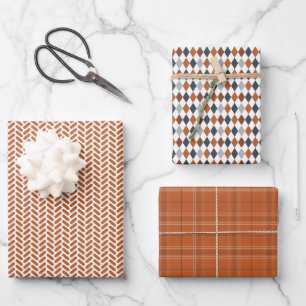 Burnt Orange and Grey Mixed Patterns Wrapping Paper Sheet