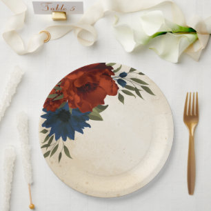 burnt orange and navy blue floral paper plate