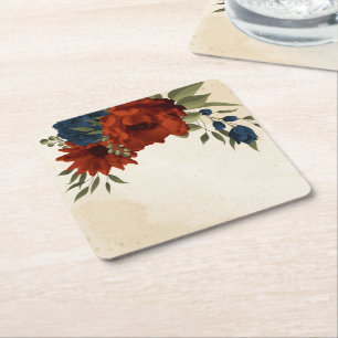 burnt orange and navy blue floral square paper coaster