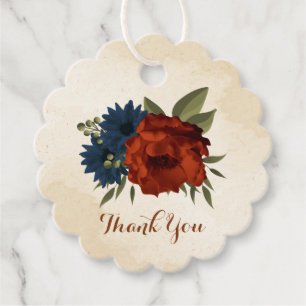 burnt orange and navy blue floral wedding favour tags