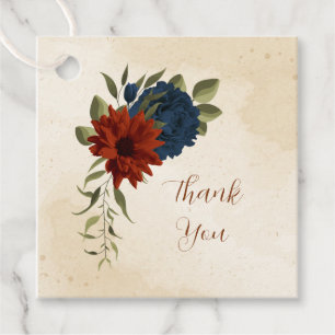 burnt orange and navy blue floral wedding favour tags