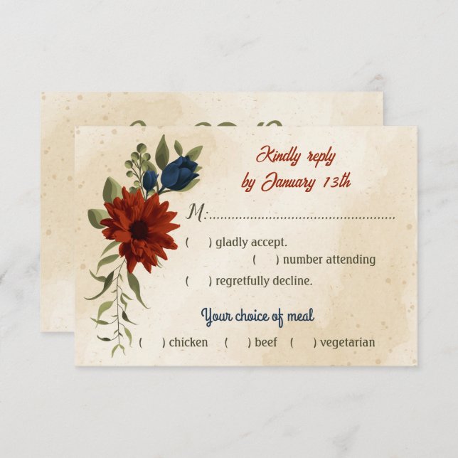 burnt orange and navy blue flowers meal choice RSVP card (Front/Back)