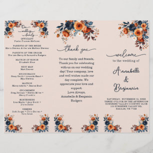 Burnt Orange and Navy Floral Roses Wedding Program Flyer