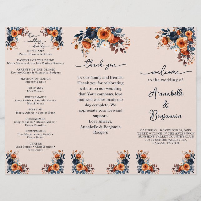 Burnt Orange and Navy Floral Roses Wedding Program Flyer (Front)