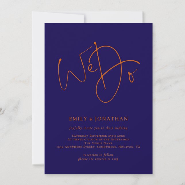 Burnt Orange and Navy Script We Do QR Code Wedding Invitation (Front)