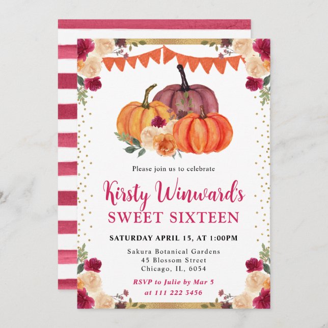 Burnt Orange and Red Floral Pumpkins Fall Sweet 16 Invitation (Front/Back)