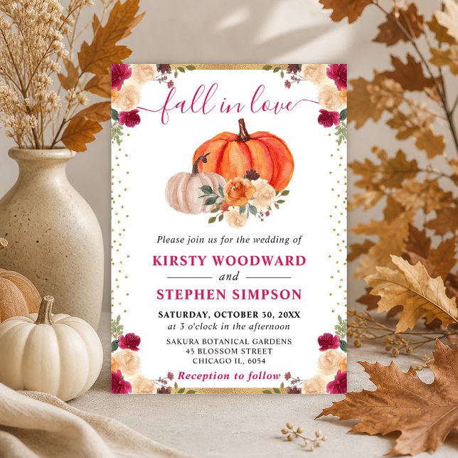 Burnt Orange and Red Floral Pumpkins Fall Wedding Invitation (Creator Uploaded)