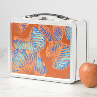 Burnt Orange and Turquoise Tropical Leaves Metal Lunch Box