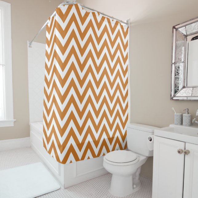 Burnt Orange and White Chevron Shower Curtain (In Situ)