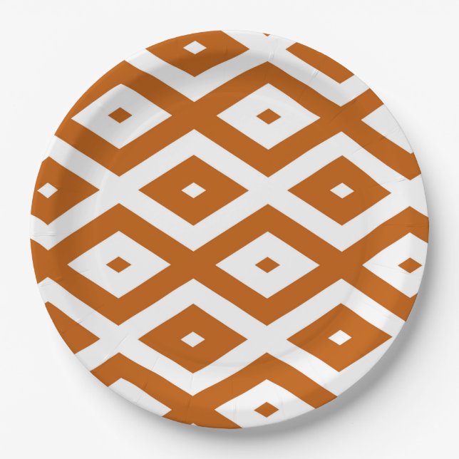Burnt orange and white diamond pattern paper plate (Front)