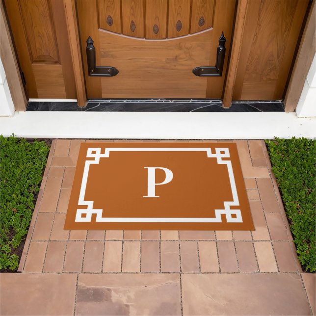 Burnt Orange and White Greek Key Frame Monogram Doormat (Outdoor)