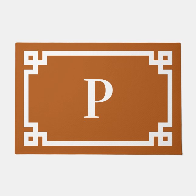 Burnt Orange and White Greek Key Frame Monogram Doormat (Front)