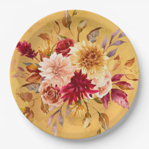 Burnt Orange and Yellow Dahlia Flowers Wedding Paper Plate