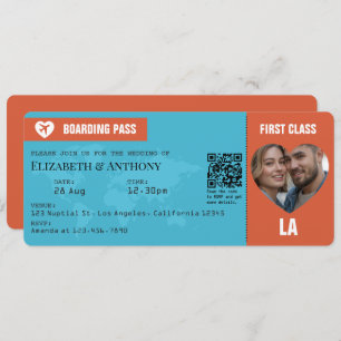 Burnt Orange & Aqua Blue Boarding Pass Wedding Invitation