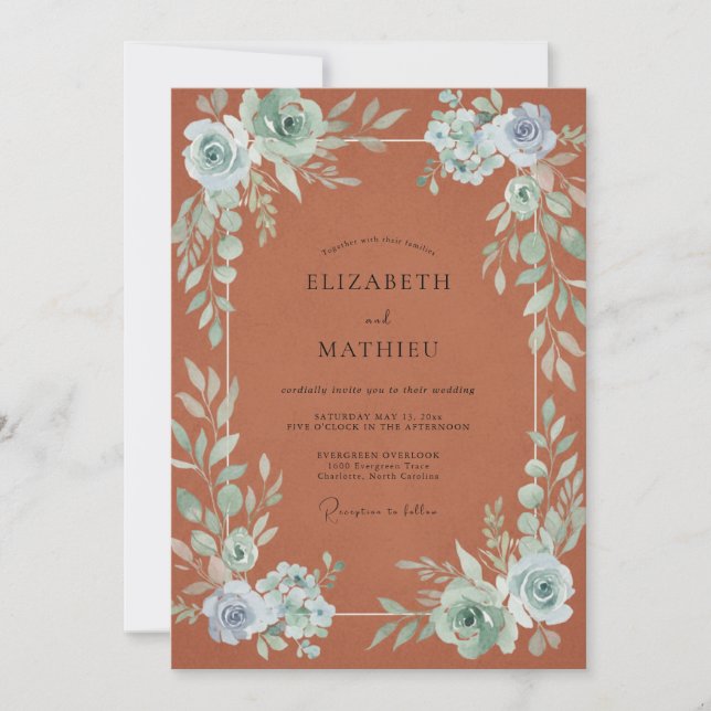 Burnt Orange Aqua Leaf Wedding Invitation (Front)