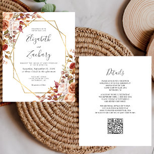 Burnt Orange Autumn Floral QR Code Wedding Invite