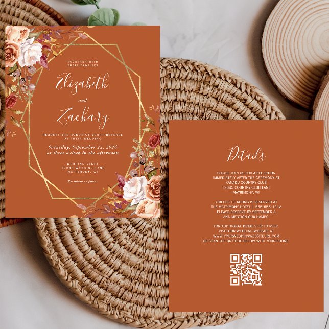 Burnt Orange Autumn Floral QR Code Wedding Invite (Creator Uploaded)