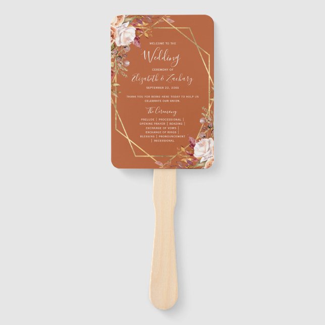 Burnt Orange Autumn Floral Wedding Program Hand Fan (Front)