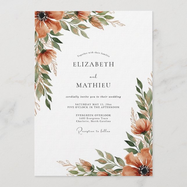 Burnt Orange Autumnal Whimsy Wedding Invitation (Front)