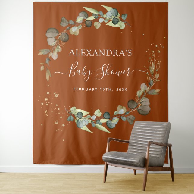Burnt Orange Baby Shower Photo Booth Backdrop Tapestry (In Situ)