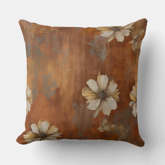 Burnt Orange Beige Grey Farmhouse Floral Cushion (Front)