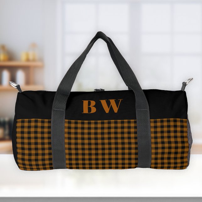 Burnt Orange Black Buffalo Check Bold Monogram  Duffle Bag (Creator Uploaded)