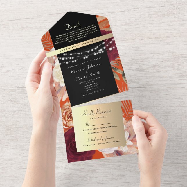 Burnt Orange Black Gold String Lights Wedding All  In One Invitation (Tearaway)