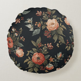 Burnt Orange Black Sage Dark Cottagecore Floral Round Cushion