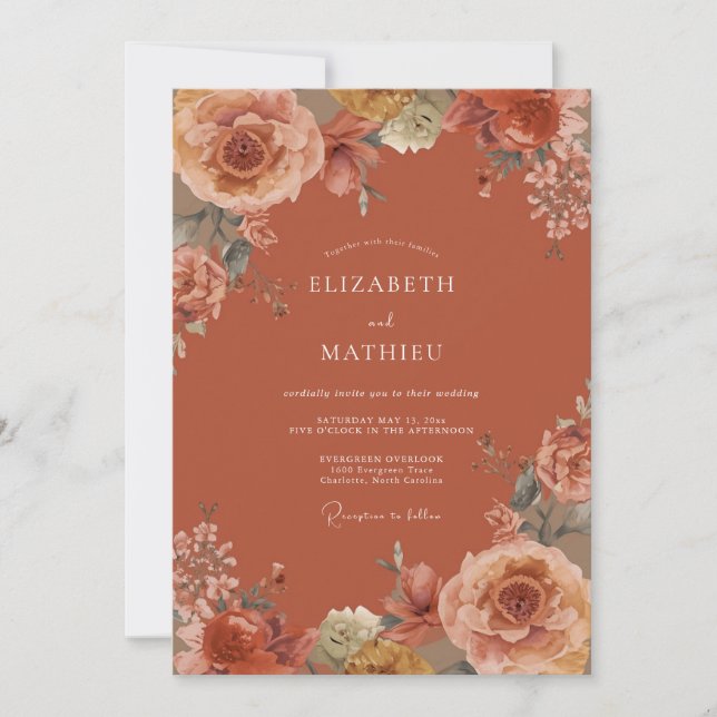 Burnt Orange Bloom Wedding Invitation (Front)