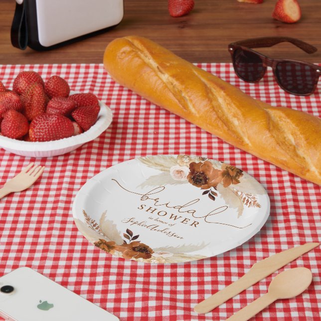 Burnt Orange Bohemian Pampas Grass Bridal Shower Paper Plate (Picnic)
