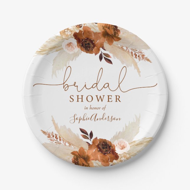 Burnt Orange Bohemian Pampas Grass Bridal Shower Paper Plate (Front)