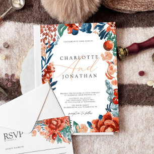 Burnt Orange Boho Bright Flowers Wedding Invitation