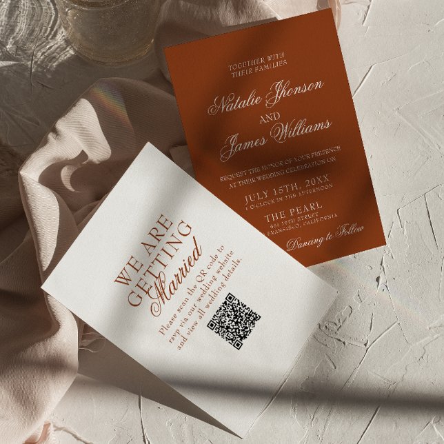 Burnt Orange Boho Chic Terracotta QR Code Wedding Invitation (Creator Uploaded)