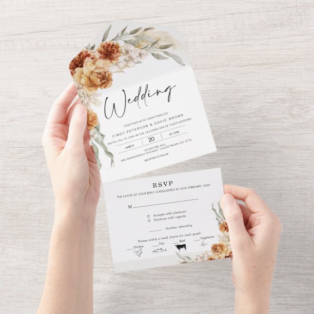 Burnt Orange Boho Floral All in One Wedding All In One Invitation (Tearaway)