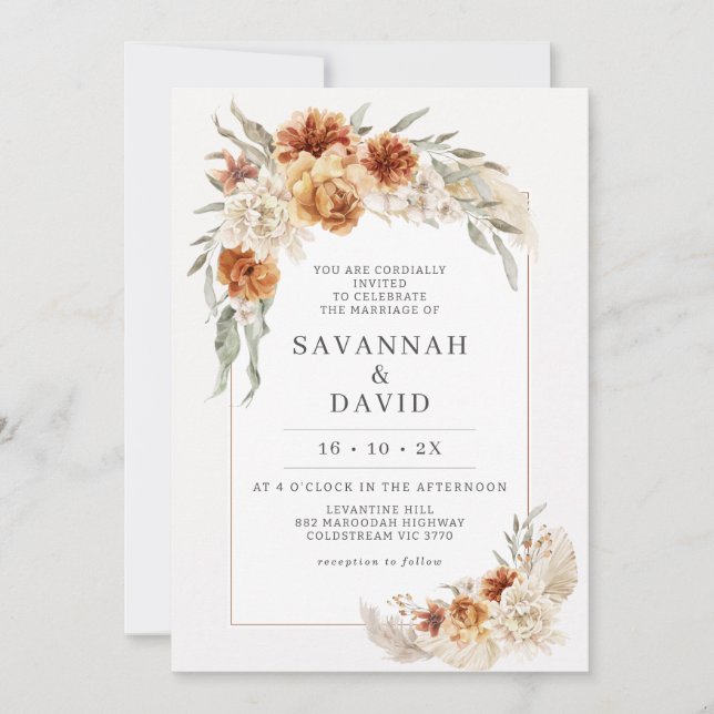 Burnt Orange Boho Floral Pampas Wedding Invitation (Front)