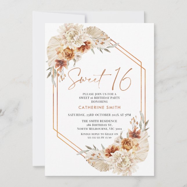 Burnt Orange Boho Floral Sweet 16 Birthday Invitation (Front)