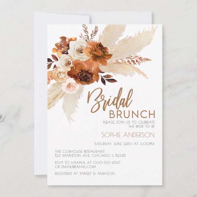 Burnt Orange Boho Pampas Grass Bridal Brunch Invitation (Front)