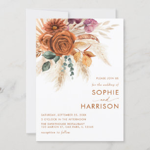 Burnt Orange Boho Pampas Grass Wedding All In One Invitation