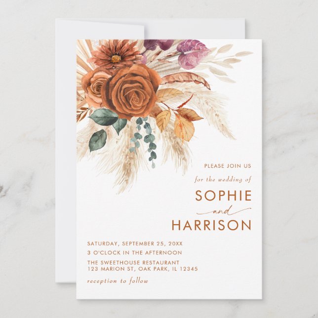 Burnt Orange Boho Pampas Grass Wedding All In One Invitation (Front)