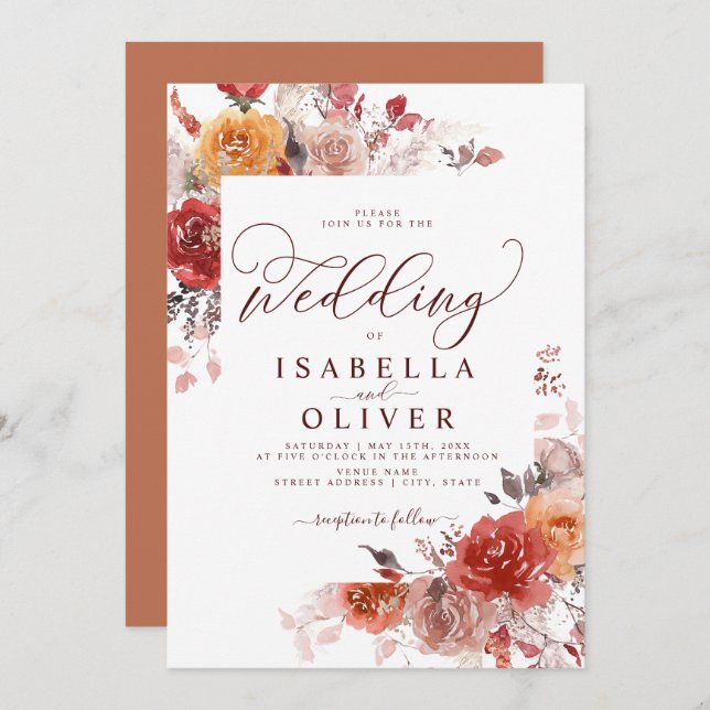 Burnt Orange Boho Terracotta Burgundy Wedding Invi Invitation (Front/Back)