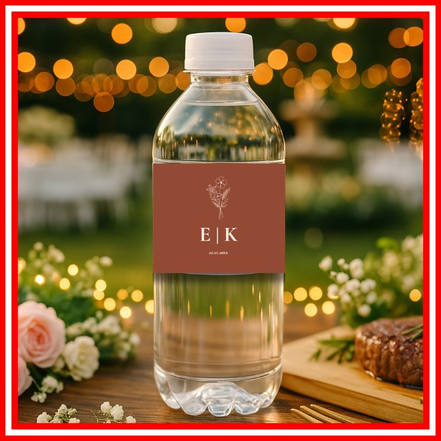 Burnt Orange Boho Terracotta Wildflower  Wedding Water Bottle Label (Creator Uploaded)