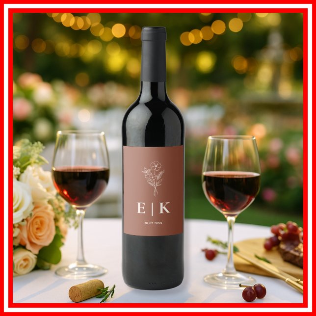 Burnt Orange Boho Terracotta Wildflower  Wedding Wine Label (Creator Uploaded)
