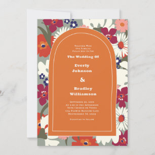 Burnt Orange Bold Floral Boho Chic Retro Wedding Invitation