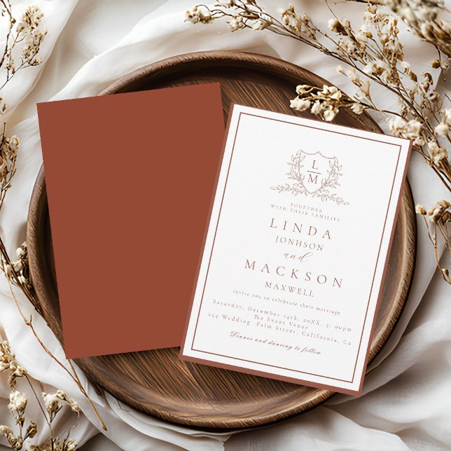 Burnt Orange botanical crest monogram wedding Invitation (Creator Uploaded)